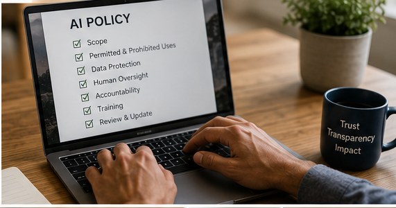 A nonprofit AI policy shown as a working checklist on a laptop