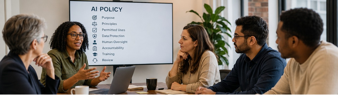 A nonprofit leadership team reviews the sections of an AI policy together in a conference room