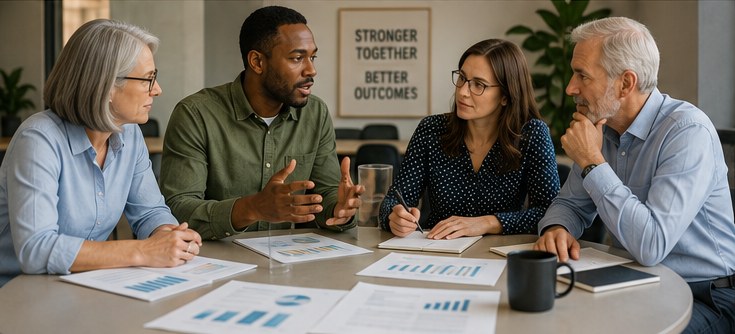 Nonprofit staff of different generations discussing how their organization should use AI
